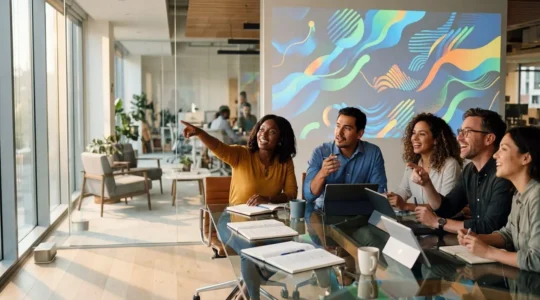 Marketing team collaborating around a modern conference table during sprint planning session