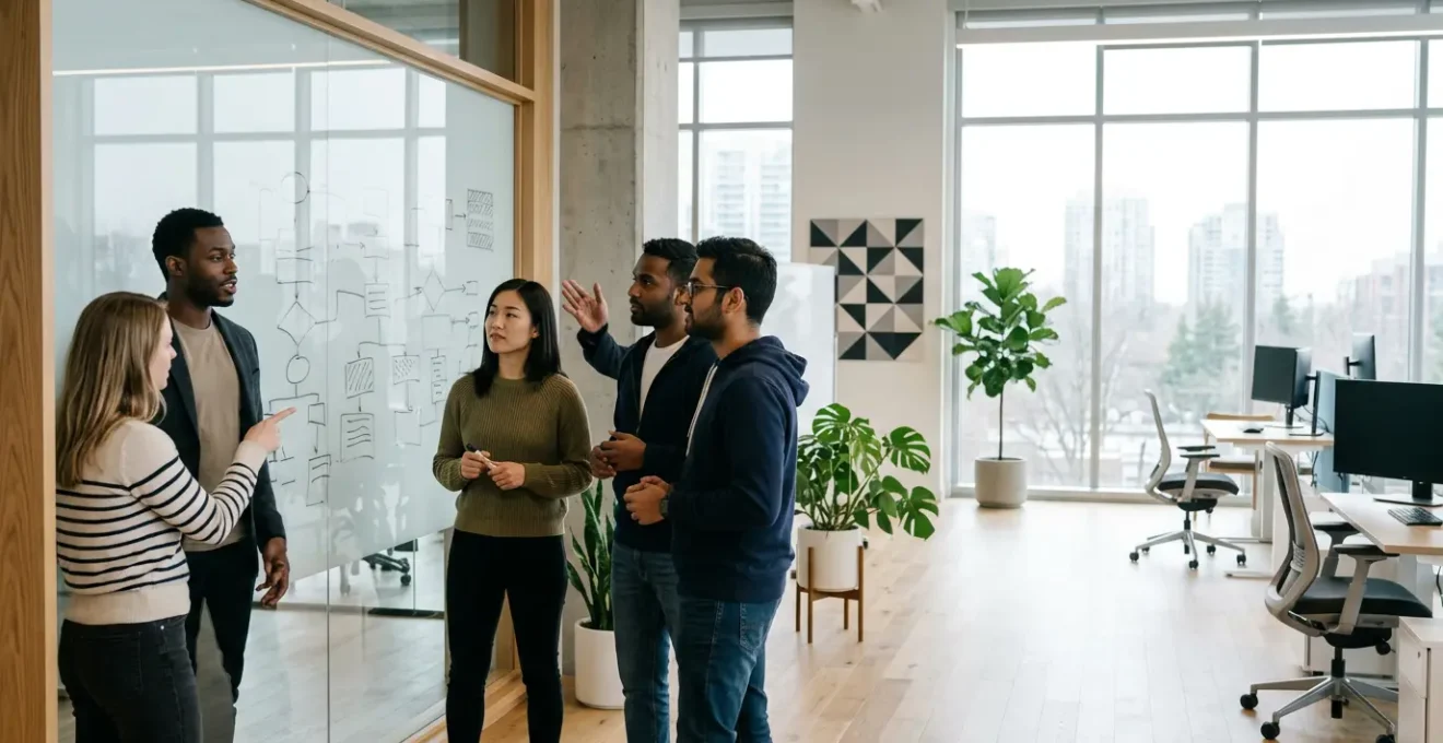 Strategic view of agile development team collaborating on MVP platform architecture