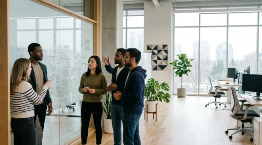 Strategic view of agile development team collaborating on MVP platform architecture