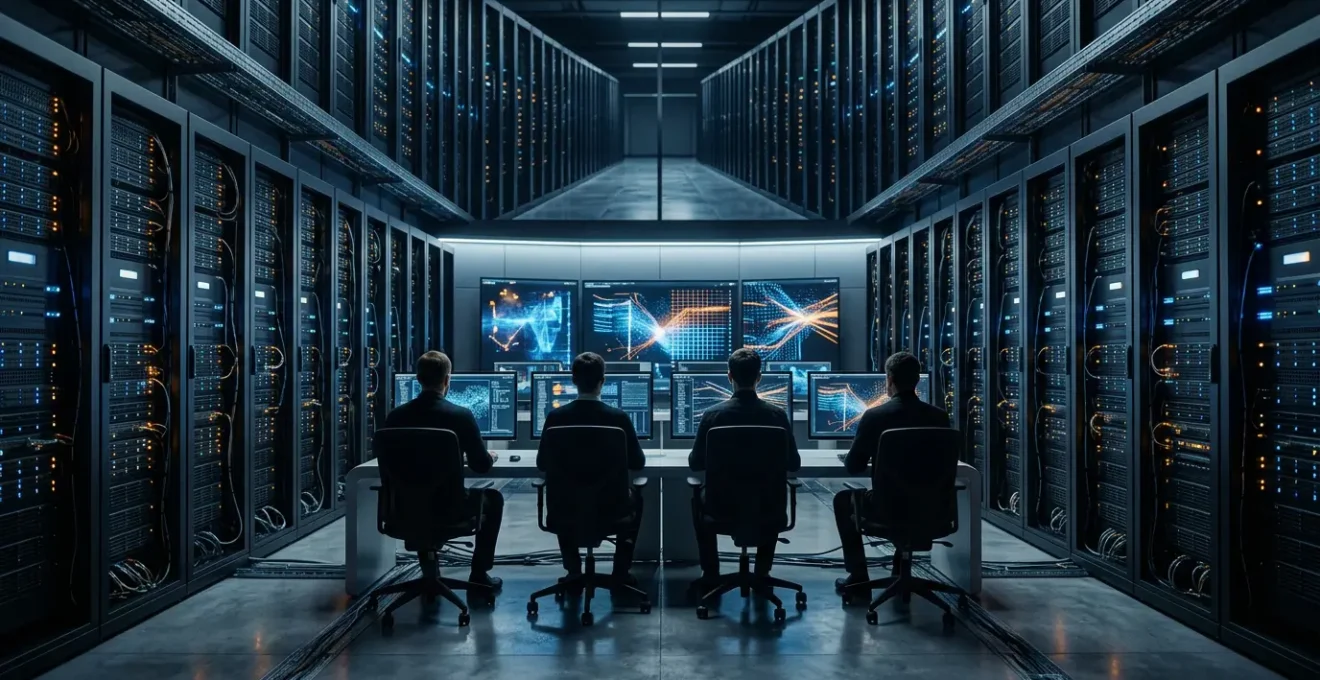 Modern server room control center with engineers monitoring traffic spikes during Black Friday