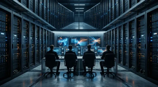 Modern server room control center with engineers monitoring traffic spikes during Black Friday