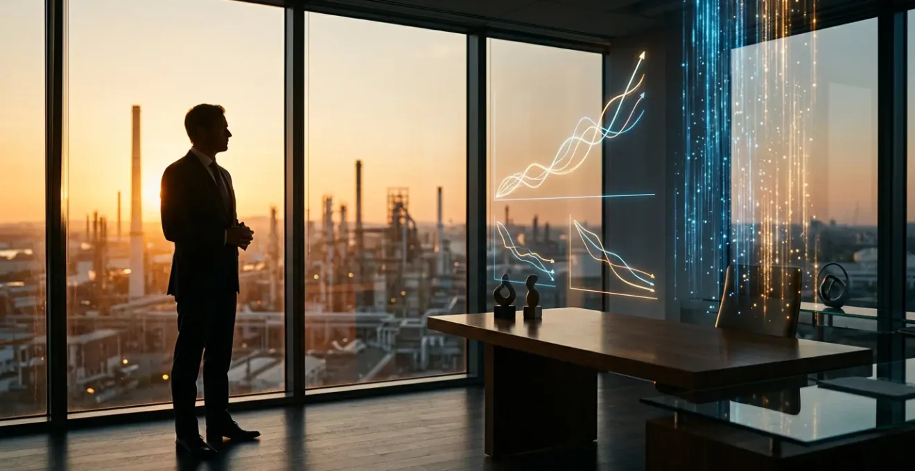 CFO reviewing financial dashboard showing predictive maintenance ROI metrics and cost savings