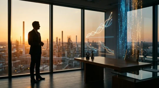 CFO reviewing financial dashboard showing predictive maintenance ROI metrics and cost savings