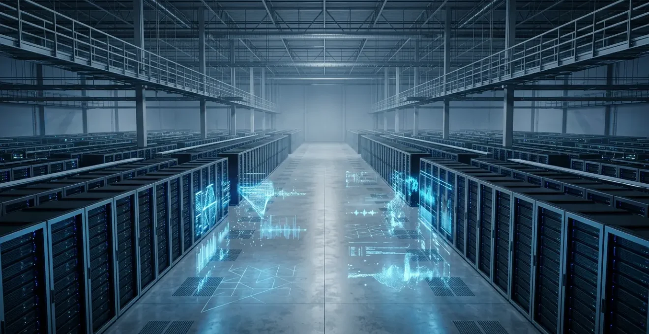 Professional cloud computing infrastructure showing interconnected virtual servers with visual representation of cost savings through spot instances