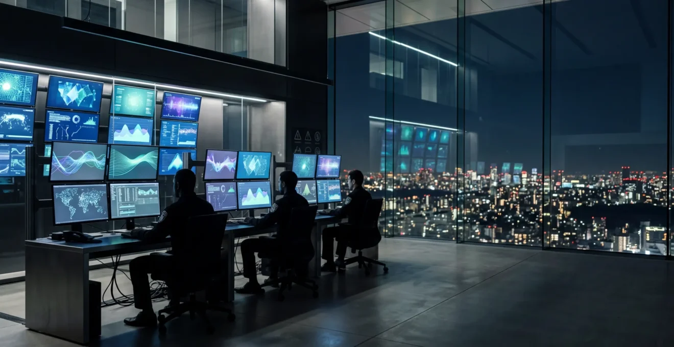 Security operations center monitoring dashboard with analysts at work