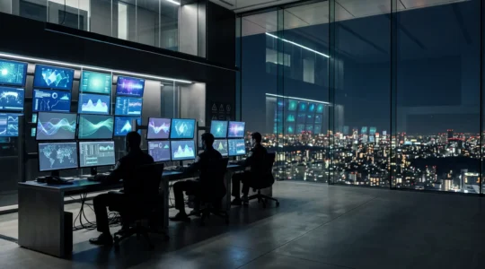 Security operations center monitoring dashboard with analysts at work