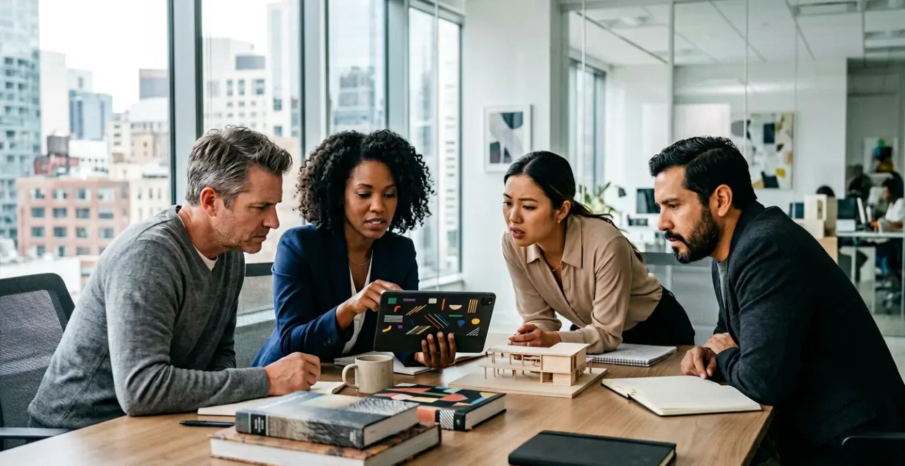 Creative team members in modern office environment carefully reviewing digital documents and AI interfaces with legal elements visible