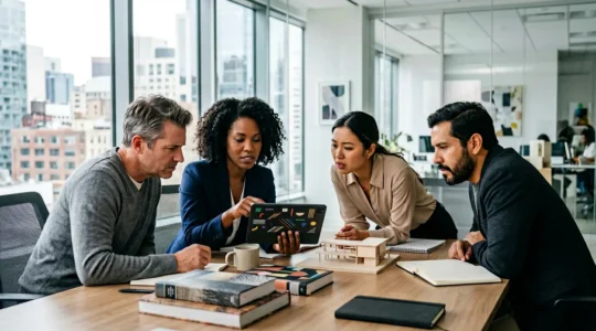 Creative team members in modern office environment carefully reviewing digital documents and AI interfaces with legal elements visible