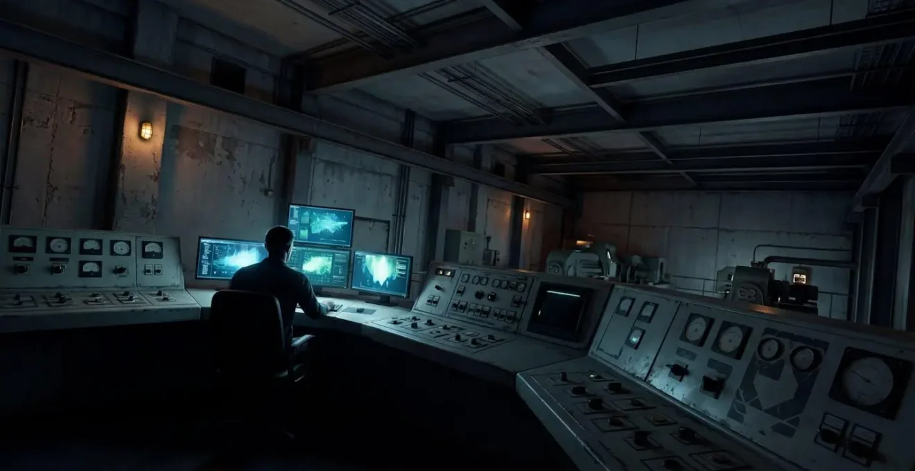 Industrial control room operator monitoring multiple screens displaying infrastructure systems