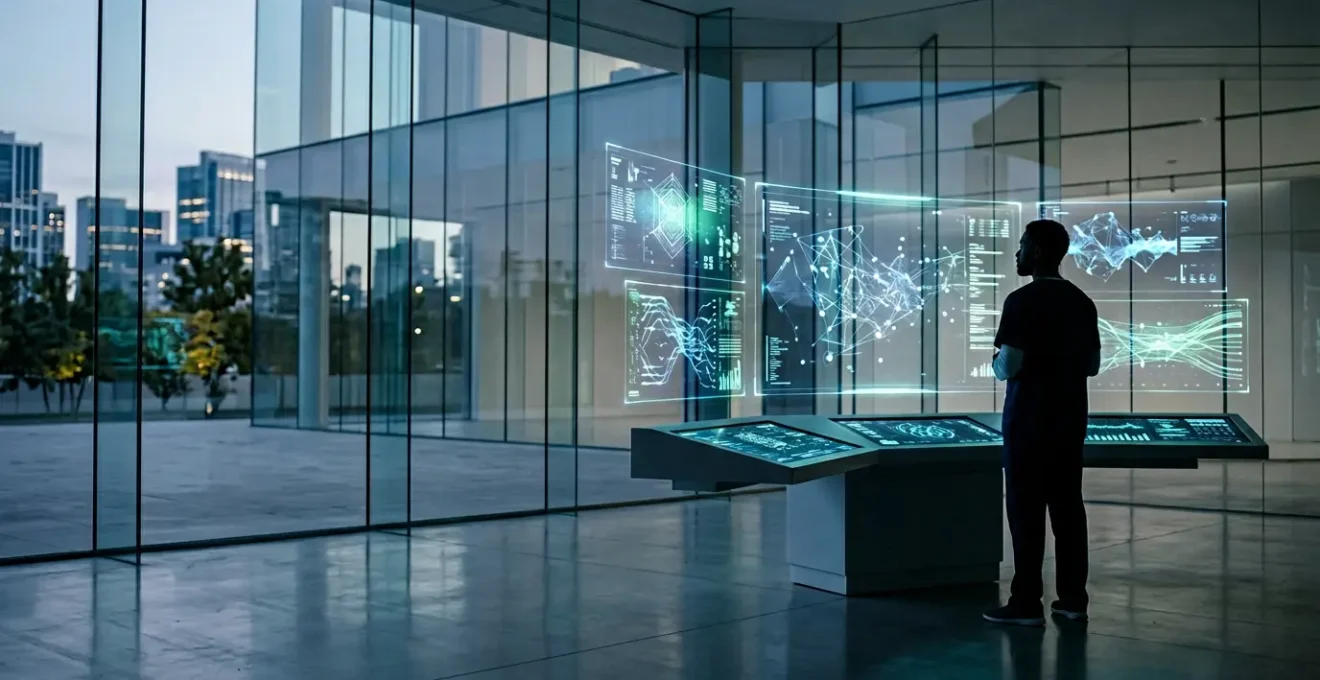 Modern healthcare technology control center showing automated compliance monitoring systems