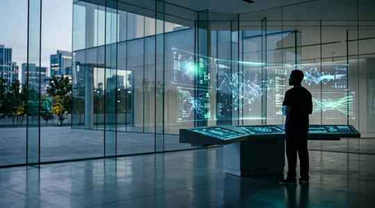 Modern healthcare technology control center showing automated compliance monitoring systems