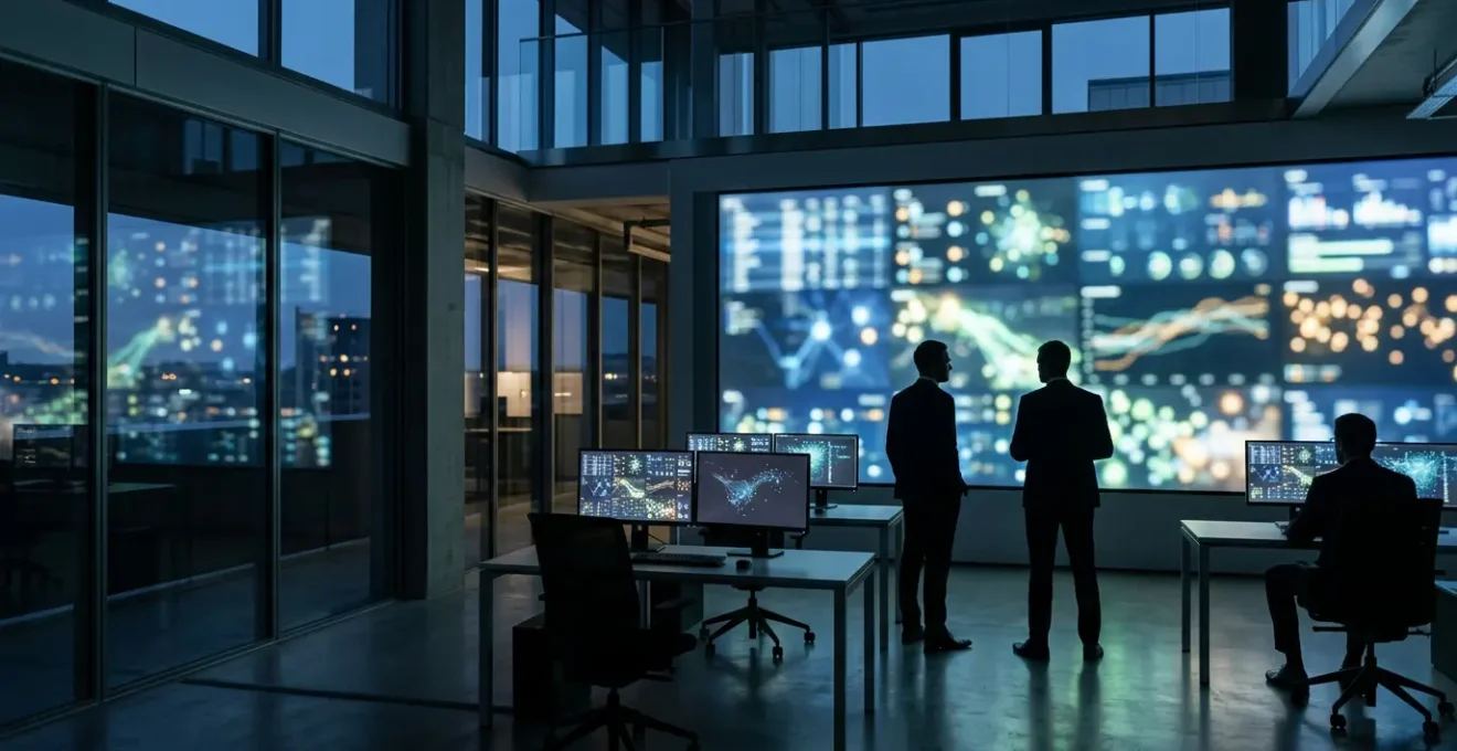 Modern cybersecurity operations center with professionals analyzing multiple security dashboards showing real-time threat monitoring and insurance metrics