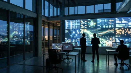 Modern cybersecurity operations center with professionals analyzing multiple security dashboards showing real-time threat monitoring and insurance metrics