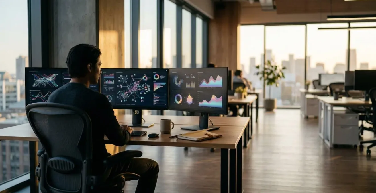 Professional business analyst working with automated Excel pivot table dashboard showing real-time data updates