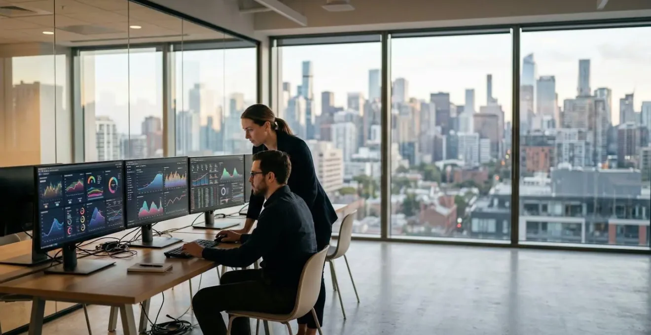 Professional financial analysts reviewing dynamic SaaS models on multiple screens in modern startup office