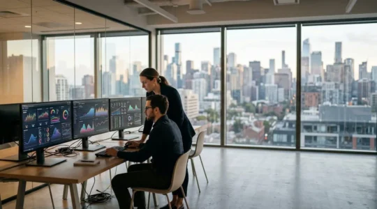 Professional financial analysts reviewing dynamic SaaS models on multiple screens in modern startup office