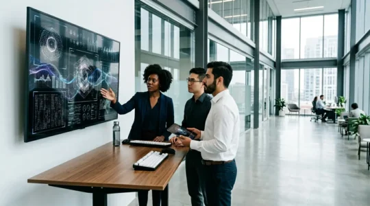 Security team members implementing multi-factor authentication system in modern office environment