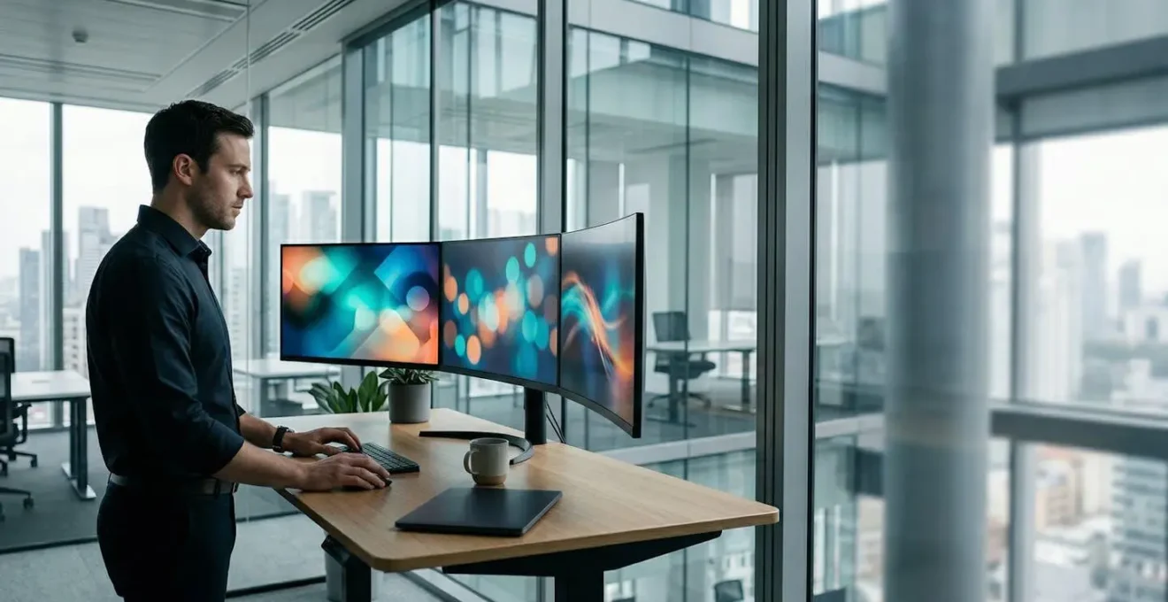 Professional analyzing complex financial data visualizations on multiple monitors in a modern office environment