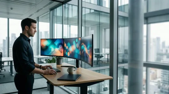 Professional analyzing complex financial data visualizations on multiple monitors in a modern office environment
