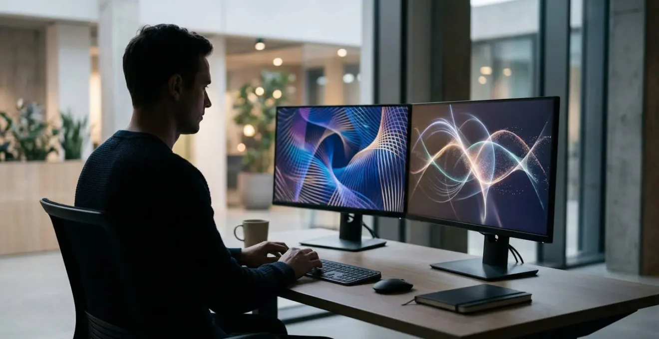 Professional working with Excel pivot tables and data visualization on multiple monitors