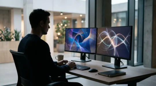 Professional working with Excel pivot tables and data visualization on multiple monitors