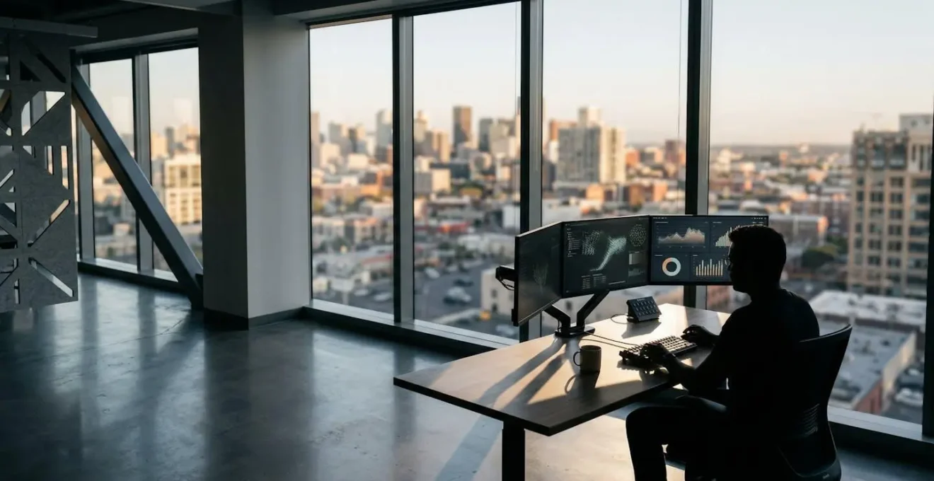 Developer analyzing website performance metrics on multiple screens in modern office