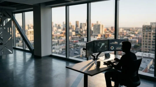 Developer analyzing website performance metrics on multiple screens in modern office