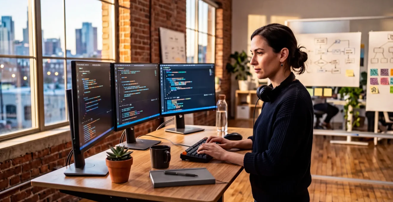 Developer working across multiple screens showing both frontend and backend code in modern startup environment