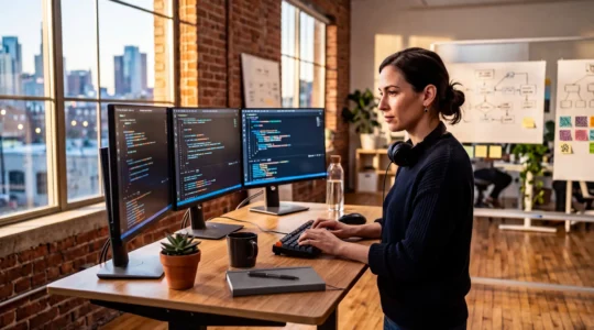 Developer working across multiple screens showing both frontend and backend code in modern startup environment
