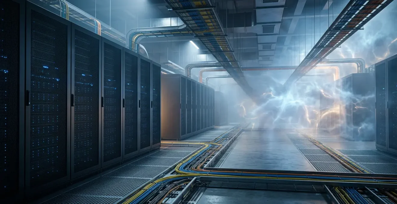 Modern data center with hybrid cloud architecture showing local and global connections