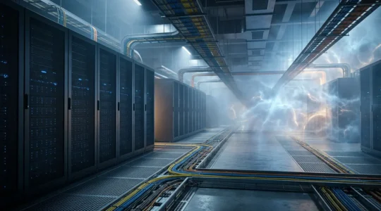 Modern data center with hybrid cloud architecture showing local and global connections