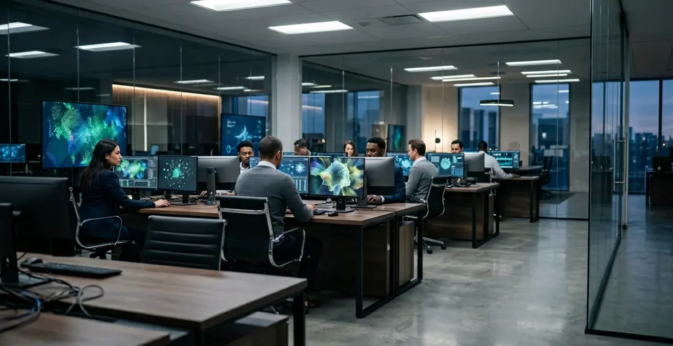 Modern office IT security command center monitoring access controls and identity management systems