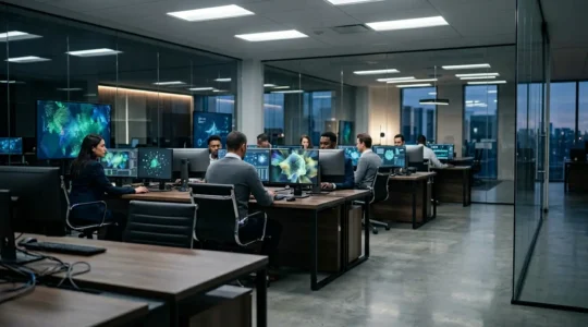 Modern office IT security command center monitoring access controls and identity management systems