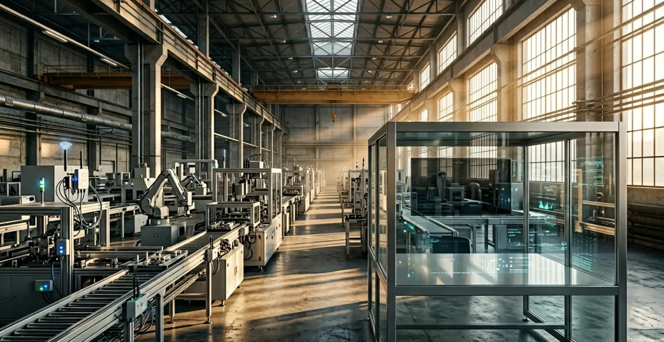 High-tech industrial factory floor with secure IoT sensor network and multilayered digital protection systems