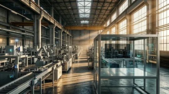 High-tech industrial factory floor with secure IoT sensor network and multilayered digital protection systems