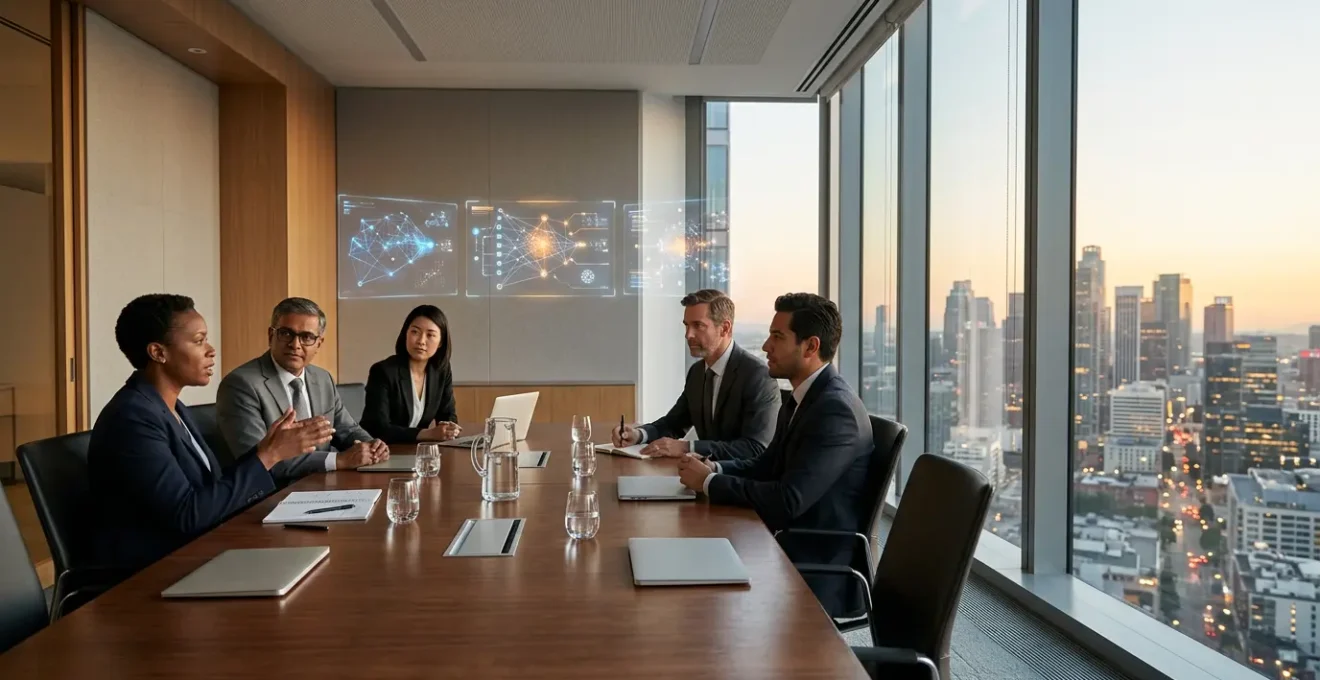 Strategic cybersecurity recruitment meeting in modern corporate boardroom setting