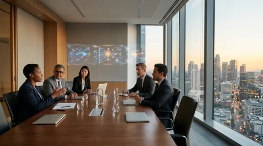 Strategic cybersecurity recruitment meeting in modern corporate boardroom setting