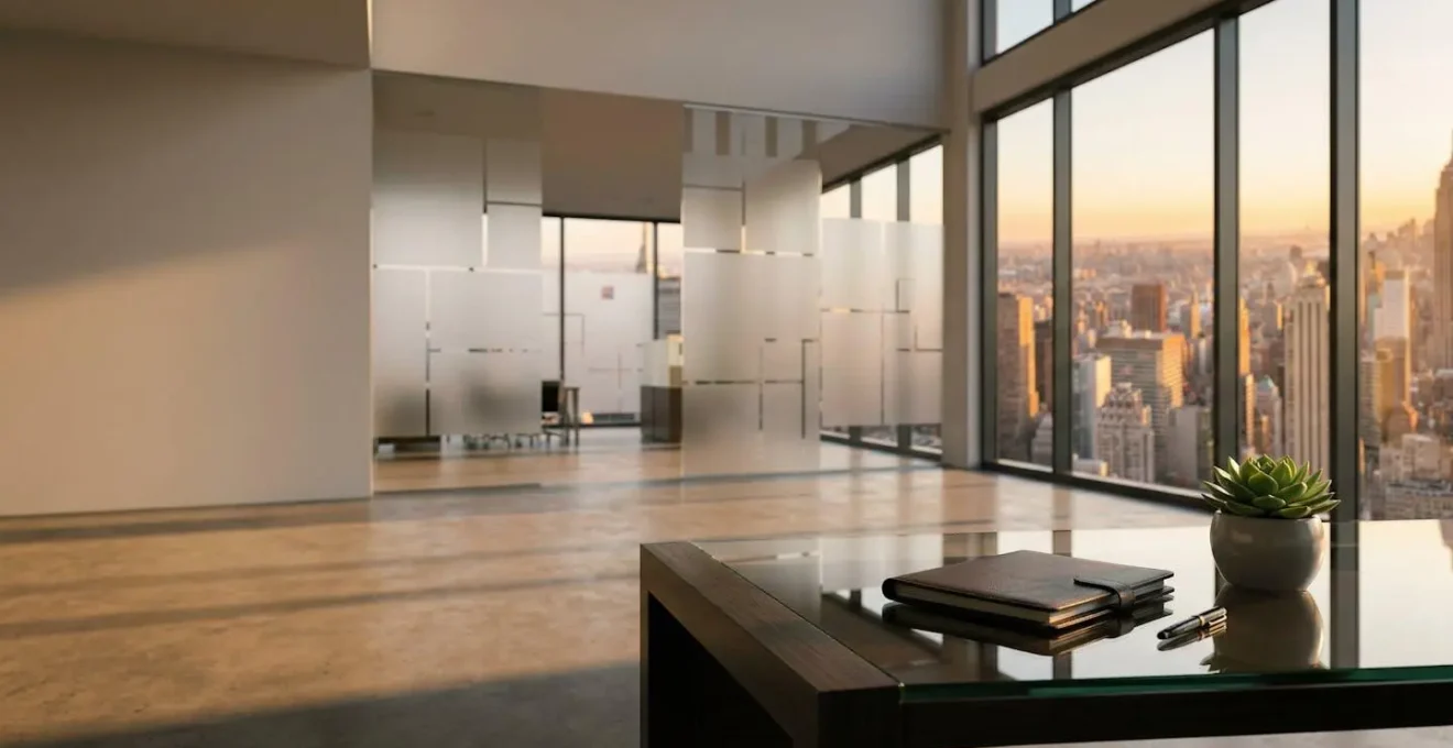 Strategic bird's-eye view of financial dashboard metrics in modern office setting