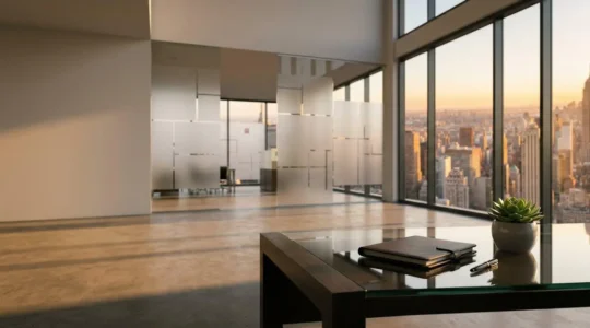 Strategic bird's-eye view of financial dashboard metrics in modern office setting