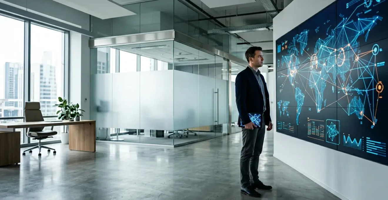 IT security professional analyzing SaaS applications on multiple monitors in modern office