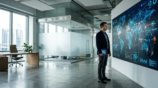 IT security professional analyzing SaaS applications on multiple monitors in modern office