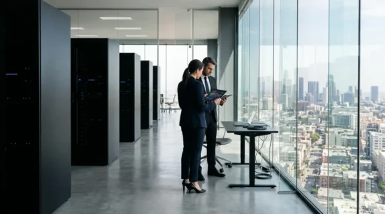 Professional security experts conducting penetration testing assessment in modern corporate environment