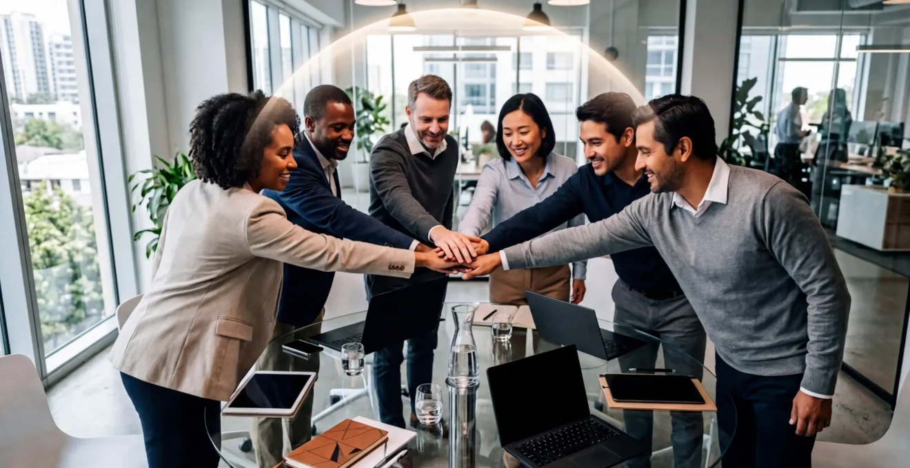 Team of diverse professionals working together with digital security elements