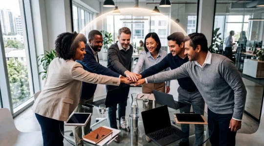 Team of diverse professionals working together with digital security elements