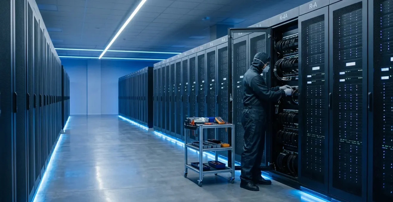 Professional IT technician performing preventive maintenance on server hardware in a modern data center