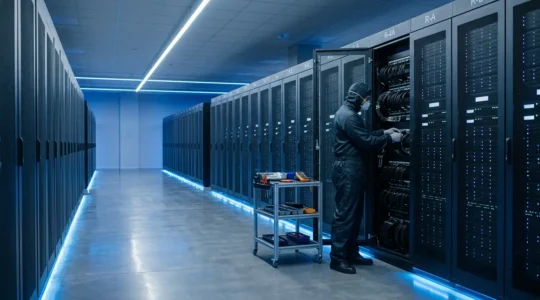Professional IT technician performing preventive maintenance on server hardware in a modern data center