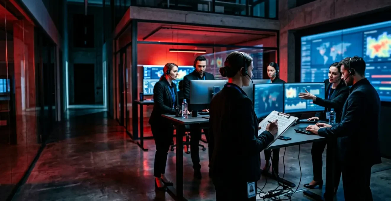 Business continuity team responding to ransomware attack in modern operations center
