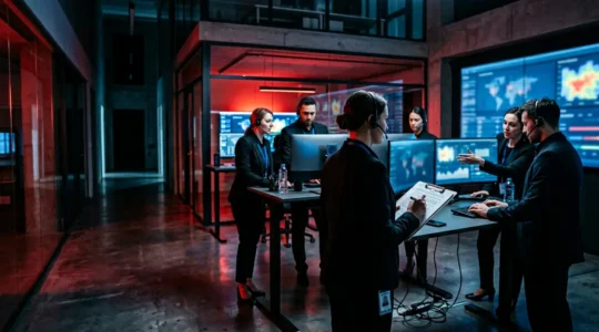 Business continuity team responding to ransomware attack in modern operations center