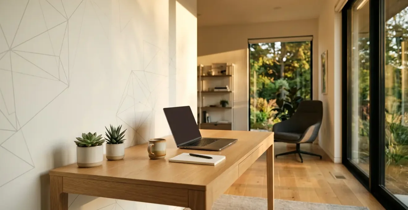 Modern remote workplace showing secure digital workspace with laptop and security elements