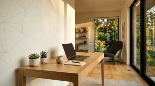 Modern remote workplace showing secure digital workspace with laptop and security elements
